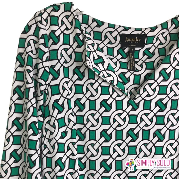 Laundry by Design Women's Shift Dress Green White Black Geometric V-Neck Sz 2 - Picture 3 of 8